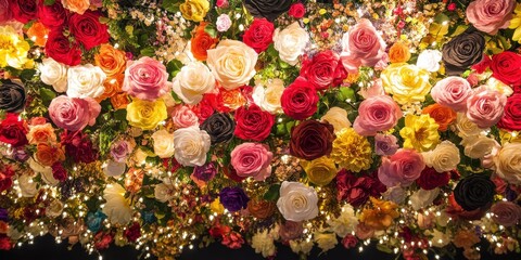 A colorful bouquet of flowers with many different colors and sizes. The flowers are arranged in a way that they look like they are floating in the air. Scene is cheerful and uplifting