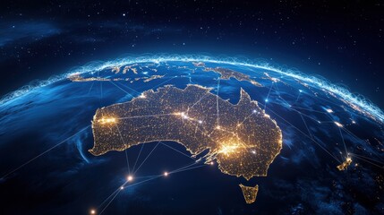 A globe with Australia lit up in the night sky. The lights are scattered all over the globe, creating a sense of movement and energy. The image conveys a feeling of excitement and wonder