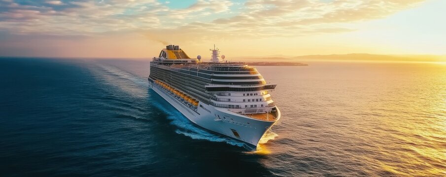 A large cruise ship is sailing on the ocean. The sun is setting in the background, creating a beautiful and serene atmosphere