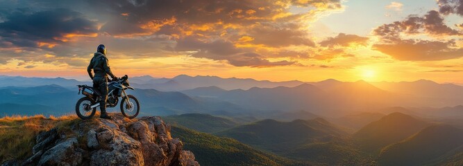 Obraz premium A man is riding a motorcycle on a mountain top at sunset. The sky is filled with clouds and the sun is setting, creating a beautiful and serene atmosphere