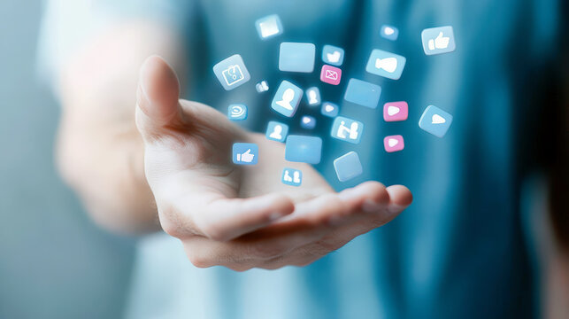 A person?s outstretched hand with floating social media icons representing platforms like Facebook, Twitter, and Instagram, symbolizing social media engagement and connectivity.
