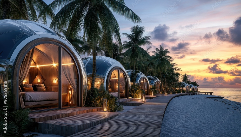 Poster a row of small domed houses with a beach in the background. the houses are lit up at night, creating