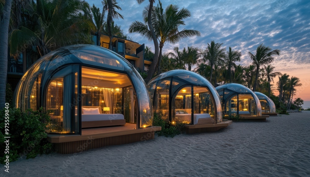 Poster a row of three domed homes are on a beach at night. the domes are lit up, creating a warm and inviti