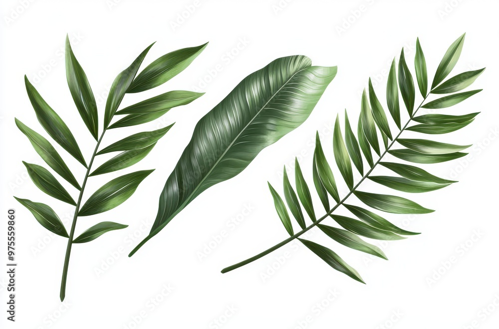 Poster three green leaves are shown in a row. the leaves are all different sizes and shapes. the image has 
