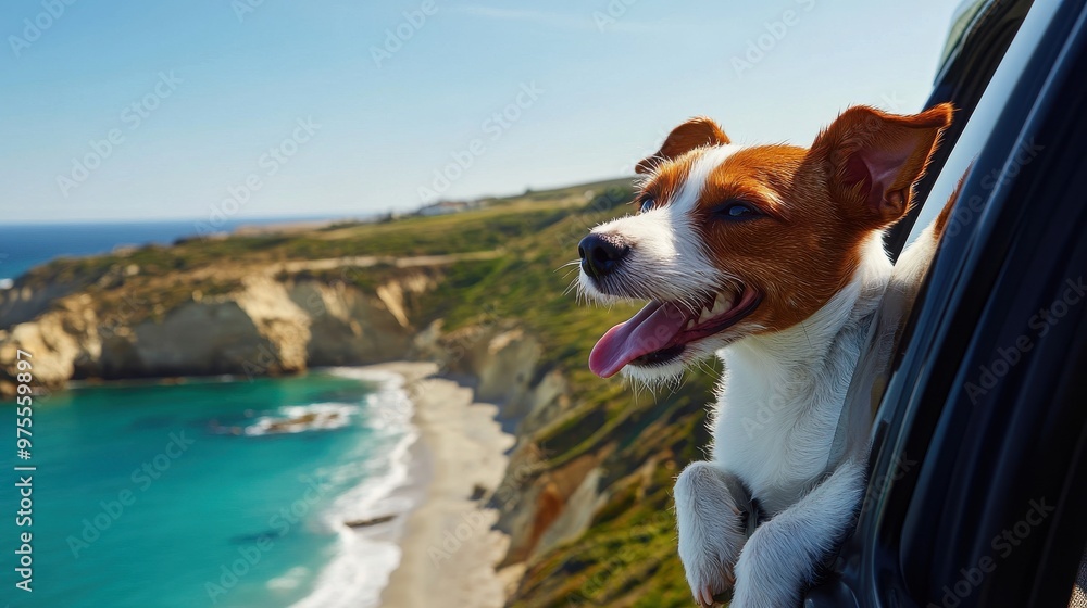 Poster a dog is sitting in a car window looking out at the ocean. the dog is smiling and he is enjoying the
