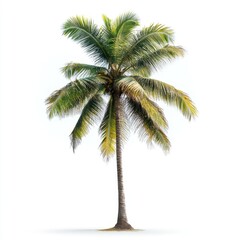 A palm tree stands tall and proud in front of a white background. The tree's leaves are green and spread out, giving it a sense of life and vitality