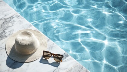 A white hat and sunglasses are on a marble pool deck. Concept of relaxation and leisure, as the hat