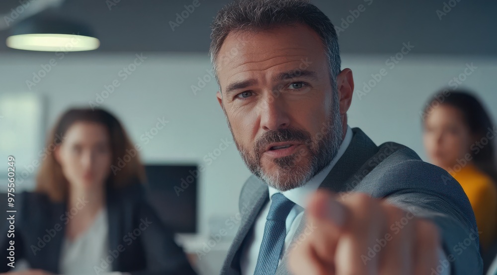 Aufkleber a man in a suit points at something while two women look on. the man's facial expression suggests th