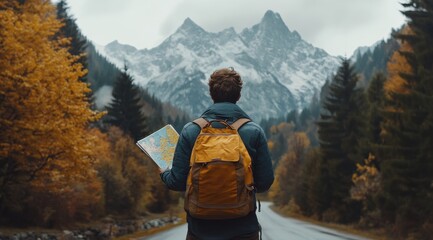 A man is walking down a road with a map in his hand. He is wearing a backpack and a blue jacket. The mountains in the background create a sense of adventure and exploration