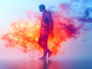 Obraz premium Dancing man enveloped in vivid, swirling smoke patterns, expertly rendered in a realistic 3D style. His movements are fluid and natural, creating a captivating visual effect against the isolated