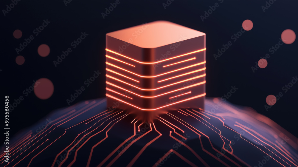 Poster a glowing circuit design with central cube symbolizes technology and innovation