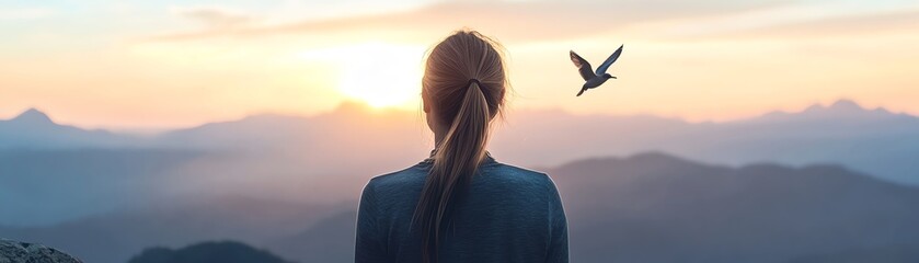 Woman enjoying a serene sunset view over mountain range, with bird flying in the sky, symbolizing freedom and tranquility.