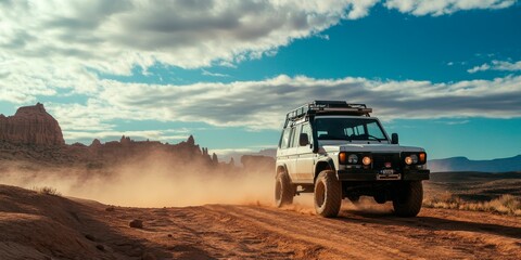 A white jeep is driving through a desert with a cloudy sky in the background. The jeep is covered in dust and he is in the middle of a desert road