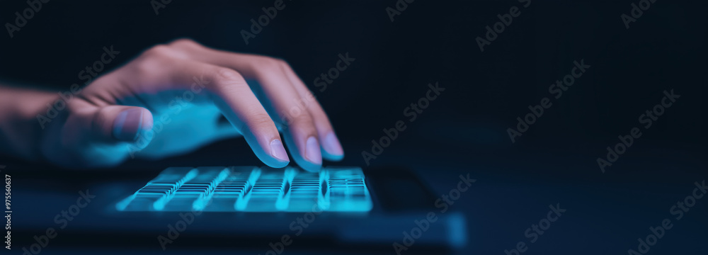 Poster a close up of hand typing on futuristic keyboard with neon lighting, creating tech savvy atmosphere