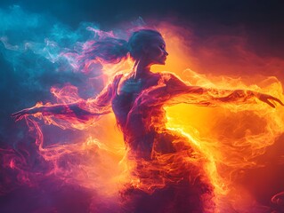 Dancer executing a powerful move amidst swirls of bright, colorful smoke. The 3D design creates a lifelike representation of both the dancer and the smoke, isolated for easy use on any backdrop
