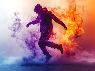 Obraz premium Dancing man suspended in motion with colorful smoke curling around him, modeled in a high-quality 3D style. His form and the smoke are highly realistic, standing out against a transparent, isolated