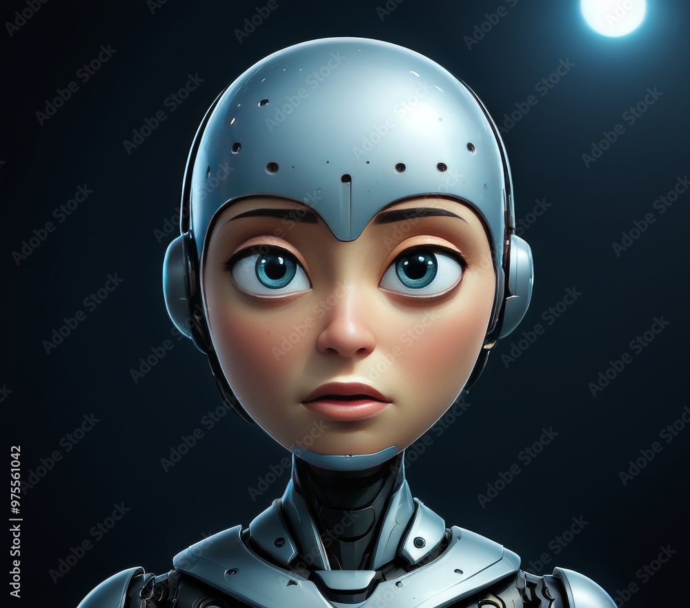 Poster a close-up of a robotic woman with expressive blue eyes, highlighting advanced technology and human-