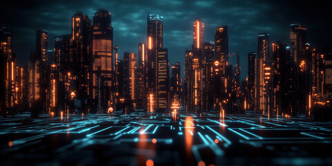 Obraz premium Futuristic city skyline with glowing lights and digital patterns