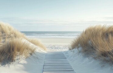A beach with a wooden boardwalk leading to the water. The boardwalk is covered in snow and the beach is empty