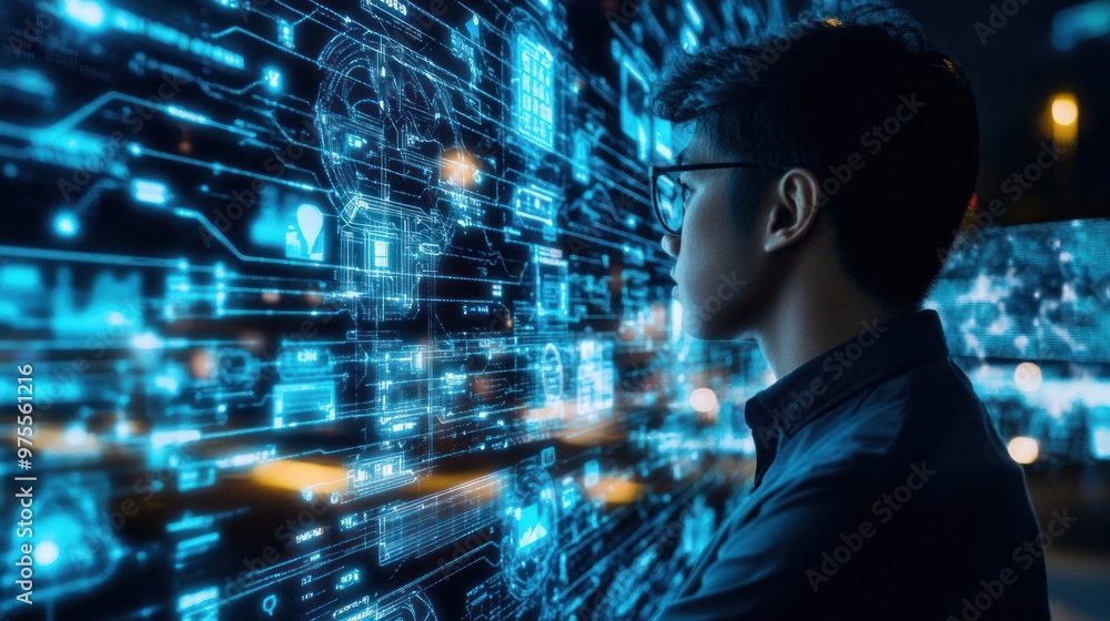 Poster man in front of a digital wall of data
