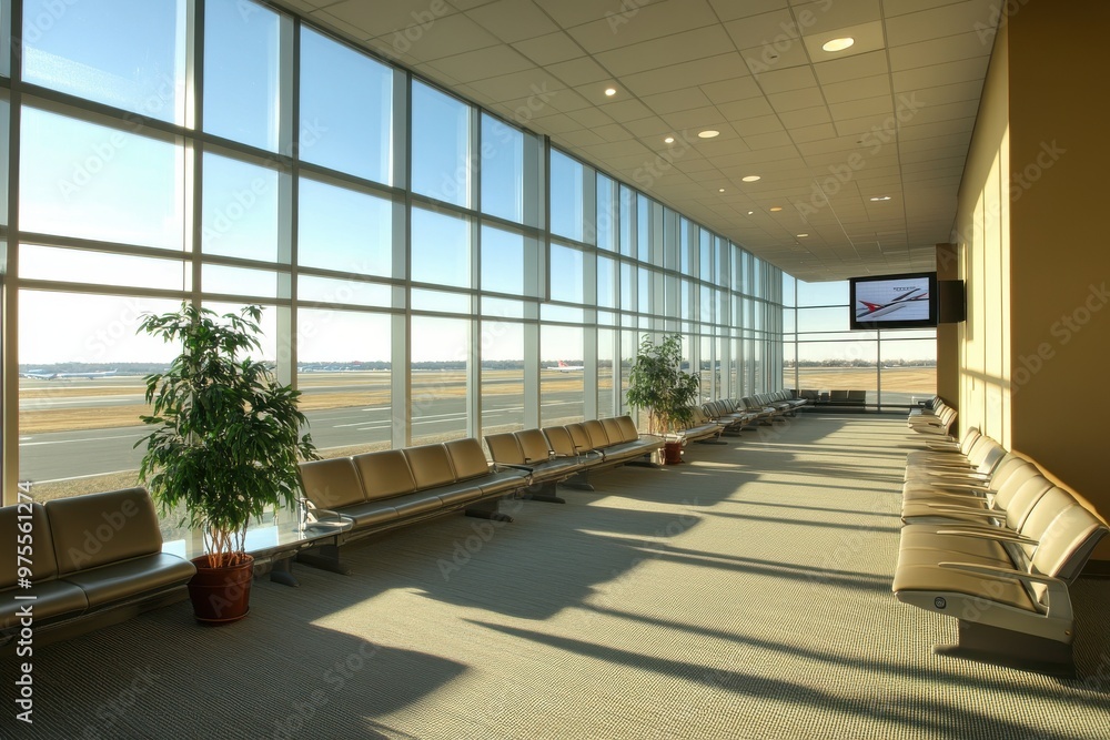 Poster a large open lobby with a large window and a television mounted on the wall. the room is filled with