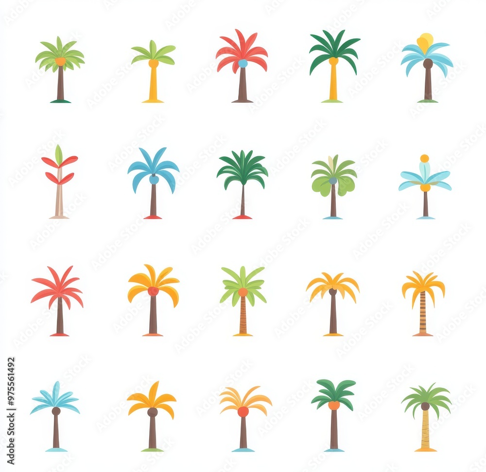 Poster a collection of tropical trees in various colors. the trees are all different sizes and shapes, but 