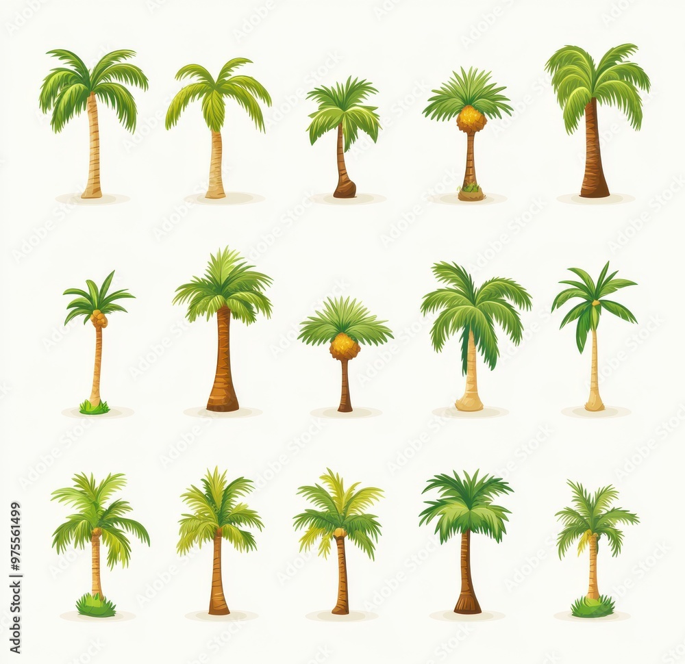 Poster a collection of palm trees in various sizes and shapes. the trees are all green and have a tropical 