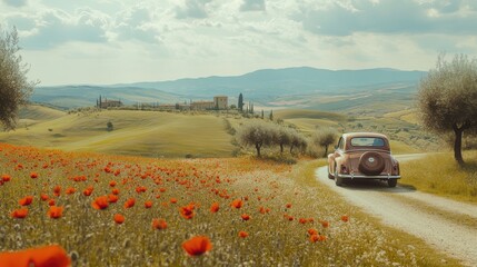 Obraz premium A vintage car drives down a road in a field of red flowers. The scene is peaceful and serene, with the car being the only object in the foreground