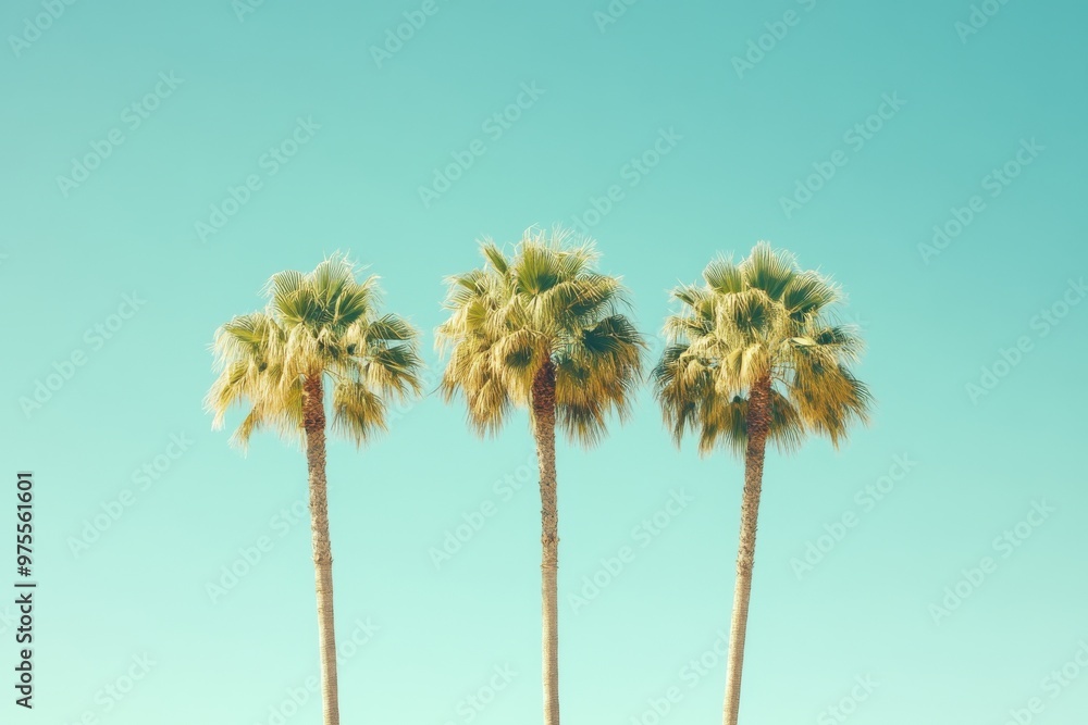 Poster three palm trees are standing in a field with a clear blue sky above them. the trees are tall and sl