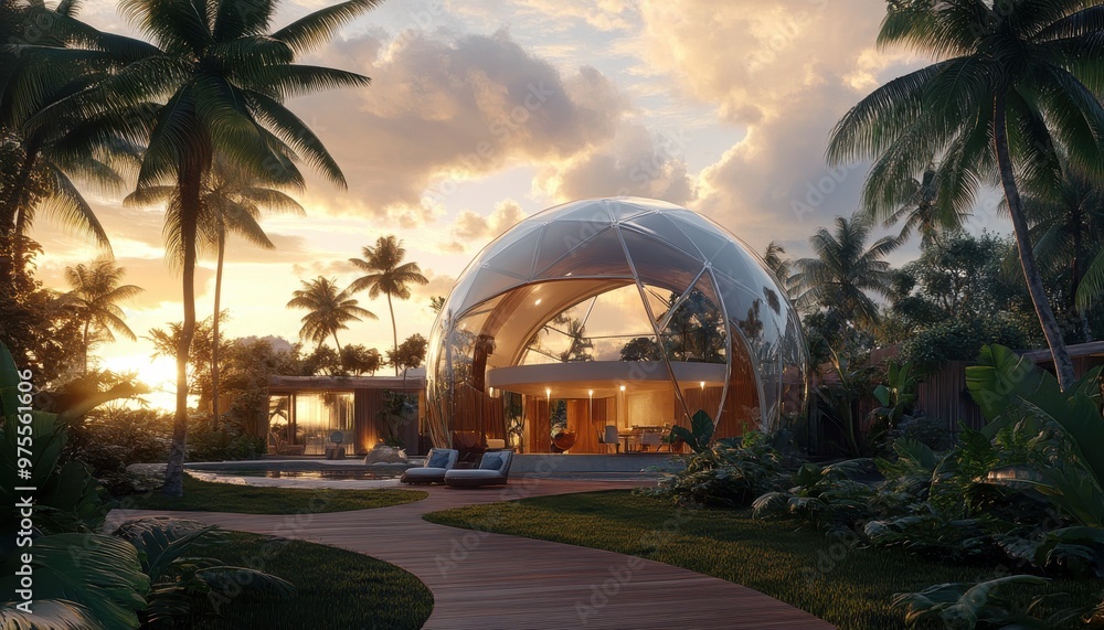 Aufkleber a large dome-shaped building with a pool and palm trees in the background. the building is surrounde