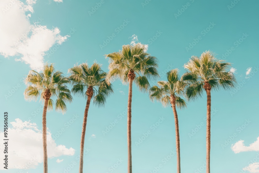 Poster a row of palm trees are standing tall in a blue sky. the palm trees are all facing the same directio