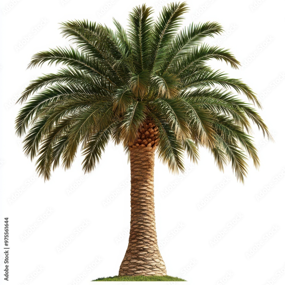 Poster a palm tree is standing alone on a white background. the tree is tall and has a slender trunk. the l