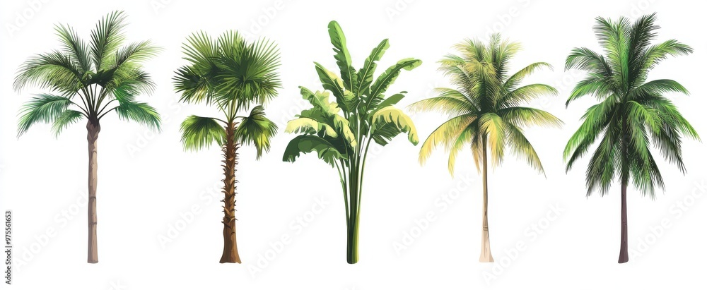 Poster a row of palm trees with different shapes and sizes. the trees are all green and are spread out acro