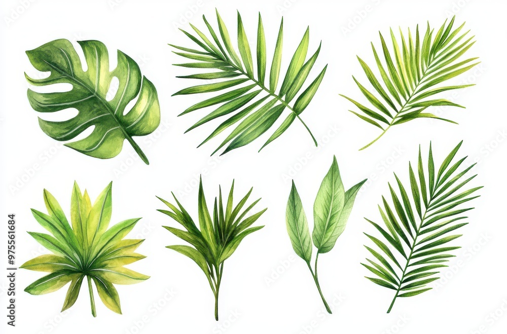 Poster a set of green leaves with one of them being a palm leaf. the leaves are all different sizes and sha