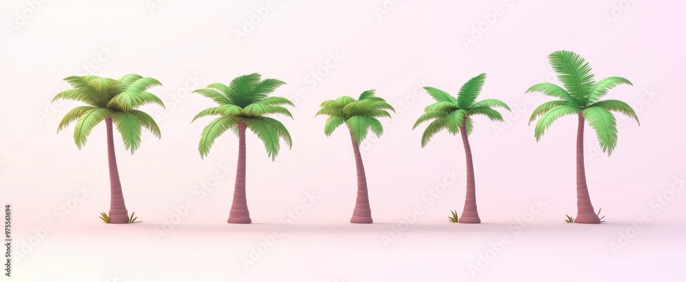 Poster a row of palm trees are shown in a computer-generated image. the trees are all the same height and a
