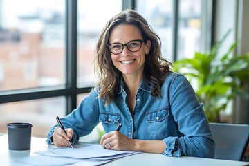 Confident Businesswoman in Denim Working on Documents