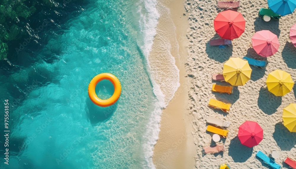 Poster a beach scene with a yellow and orange float in the water and a row of colorful umbrellas on the san