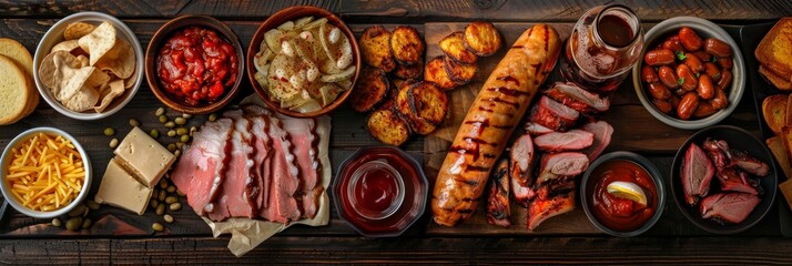 Smoked Meat Snack Beer Set Top View, Barbecue Buffet of Sudzhuk, Horseflesh, Beef Jerky, Cheese