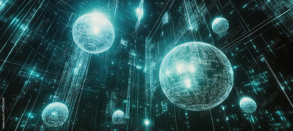 Poster immersive digital universe: floating data spheres and expansive virtual reality zones