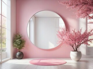 A beautifully decorated room featuring cherry blossom trees and a round mirror