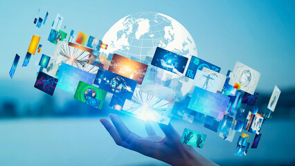 Mixed media of woman holding her hand and global contents concept.
