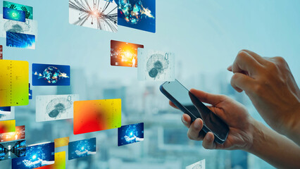 Mixed media of man using smartphone and global contents concept.