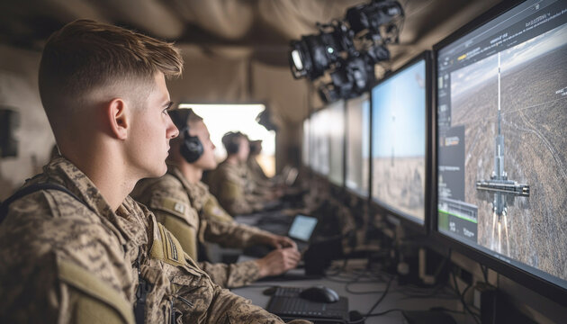 Military personnel working on computers controlling drone on mission
