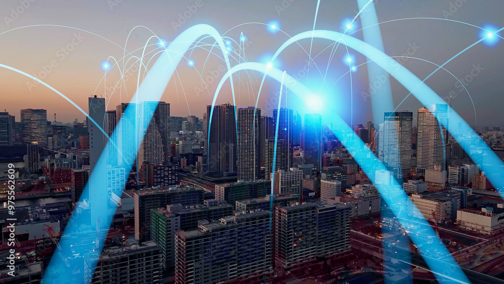 Poster mixed media of modern city aerial view and communication network concept.
