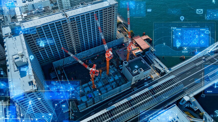 Mixed media of modern construction site aerial view and digital technology concept.