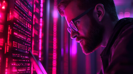 A focused individual analyzing data on server displays illuminated in vibrant pink light during nighttime in a tech environment