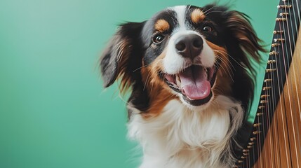 Fototapeta premium A Cheerful Dog Strumming a Harp with Delightful Energy Against a Vibrant Green Background. Pet and Music Concept.