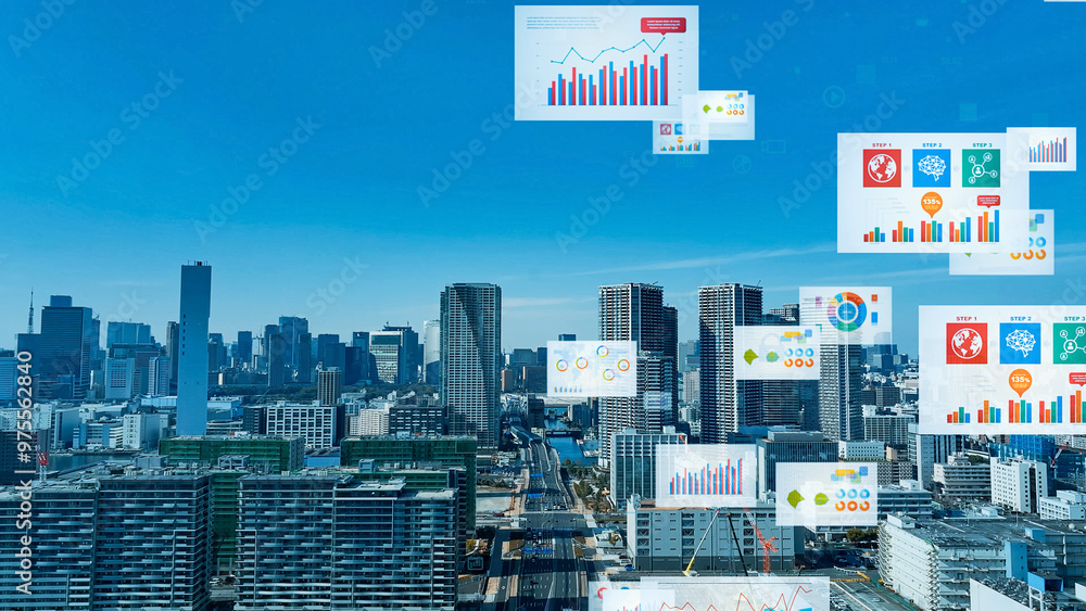 Poster mixed media of modern city aerial view and digital data concept.