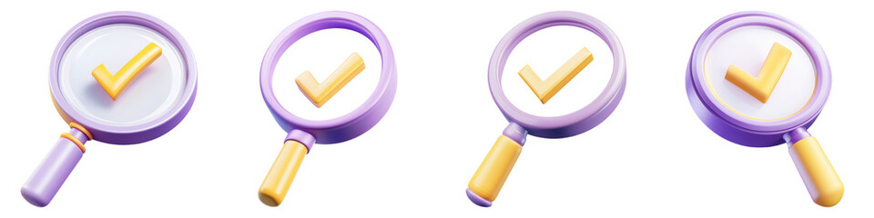 Collection of Purple and Yellow Magnifying Glasses with Checkmarks Showcasing Validation Concepts, Isolated on Transparent PNG Background. Generative AI