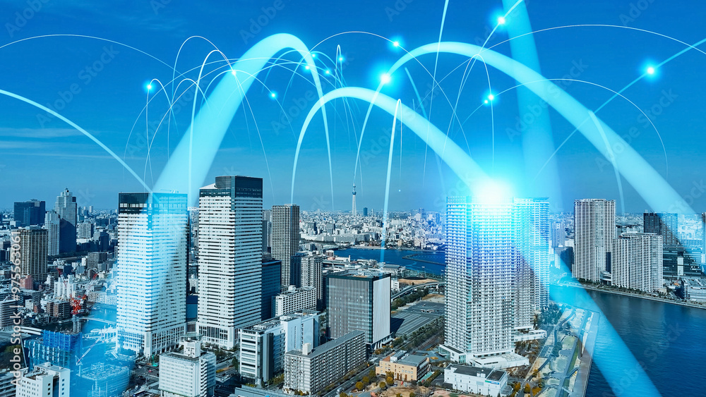 Poster mixed media of modern city aerial view and communication network concept.